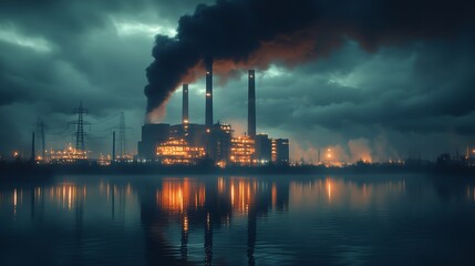Industrial plant at night with glowing lights, smokestacks emitting smoke, and reflections on the water