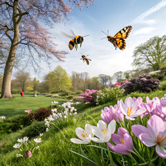 bee and flowers in spring