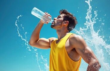 Portrait of muscular young guy drinking crystal water from bottle on sunny day. Yellow T-shirt, water splashes around, clear blue sky background, hot summertime. Hydration for health, body