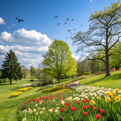 spring landscape with flowers and trees