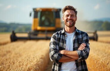 Happy farmer stands proudly with crossed arms in wheat field during harvesting. Combine harvester processes crop. Agronomist in flannel shirt smiles, demonstrates confidence, success on farmland.