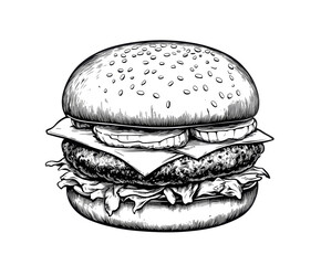  Black and white simple hand drawn big hamburger isolated on white background.