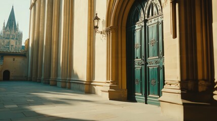 Fototapeta premium Sunlit Courtyard with Antique Teal Door and Aged Stone Walls
