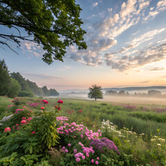 spring morning with nice flower and sunset over the field