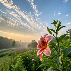 spring morning with pink flower and blue sky