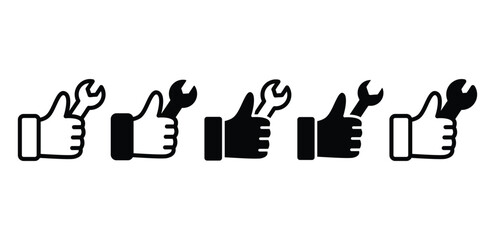 Fast Repair Thumbs Up with Wrench Icon Black and White Color Vector Design Illustration 