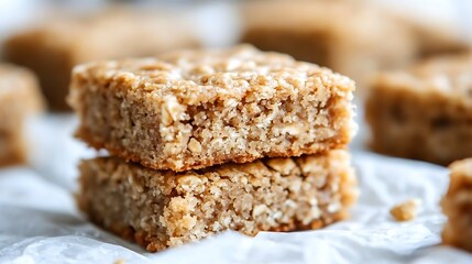 Two oat bars stacked on parchment paper, others blurred in background.