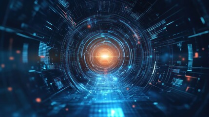 Futuristic digital technology tunnel features multiple concentric circular data designs