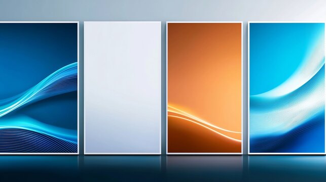 Four abstract wave designs in blue, orange, and white.