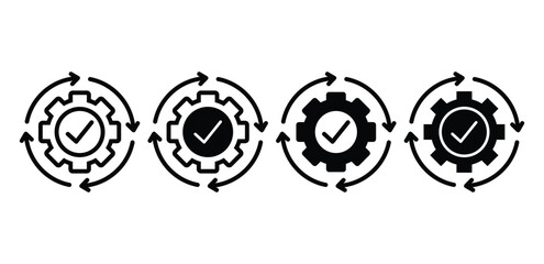 Gear with Check Mark in Circular Arrow Vector Design Black White Color Illustration Sets