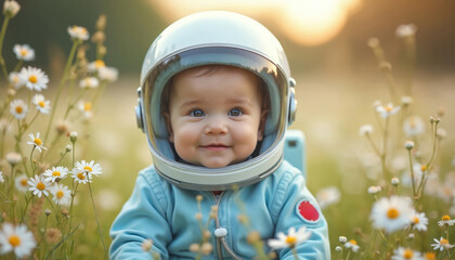 Baby astronaut among daisies on International Day of Human Space Flight. Dreamy look. Baby in space helmet smiles in flower field. Earth exploration, galaxy, childhood, future tech concept.