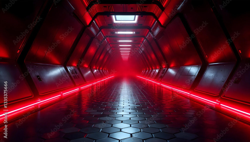 Wall mural 3d futuristic empty dark tunnel background with red light