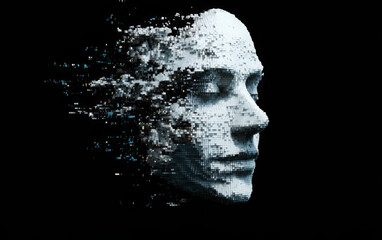 Abstract digital human face. Artificial intelligence concept of big data or cyber security. 3D illustration  
