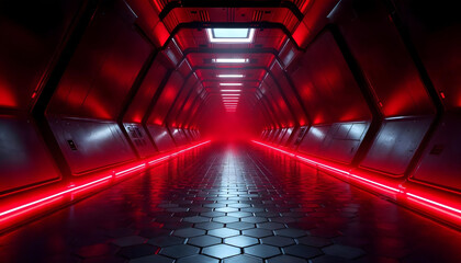 Obraz premium 3d Futuristic empty dark tunnel background with red light