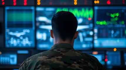 Military drone operation aircrew analyzing satellite data in a control center