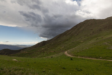 Scenic mountain landscape near Spitakavor Church and Proshaberd Fortress in Vayots Dzor, Armenia. Rolling green hills with mountain road and a shepherd under a dramatic cloudy sky  