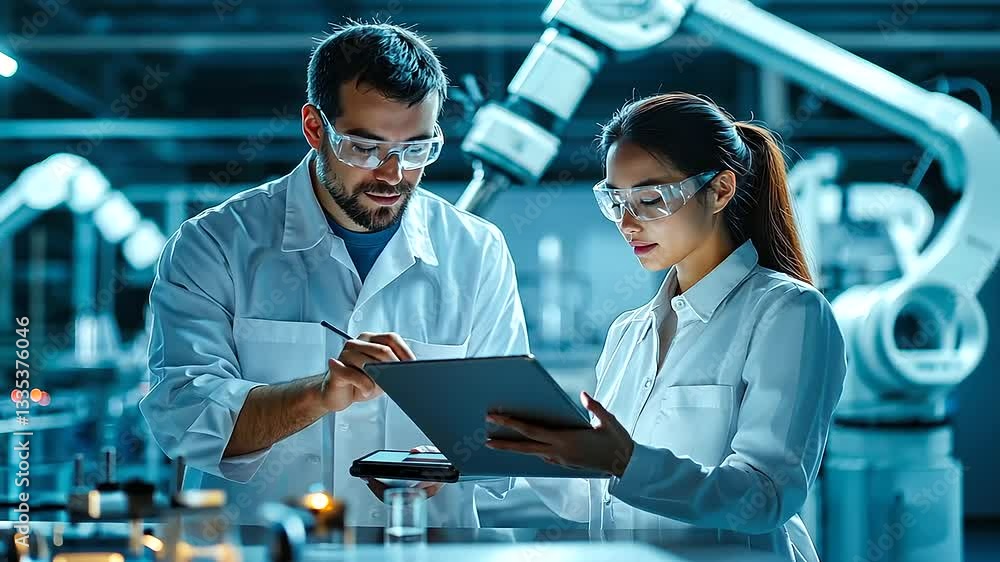 Poster engineers and robots working together in a cutting-edge manufacturing facility.