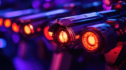Futuristic Laser Guns with Vibrant Lighting in Purple and Red Glow in a High-Tech Display of Sci-Fi Props