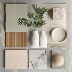 create a realistic japandi interior design mood board with wood, fabrics, marble tiles and plants with light colours 