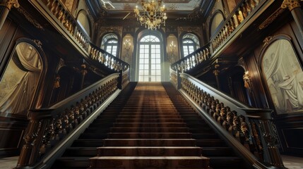 Grand Staircase with Ornate Railings and Chandelier in Luxurious Interior Perfect for Luxury
