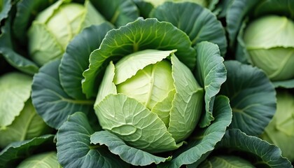 Obraz premium Green cabbage among rich leaves in garden. Fresh healthy raw vegetable growing at farm. Organic produce at local market. Sustainable agriculture background concept, farm to table movement.