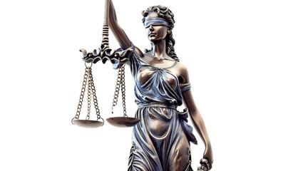 Bronze statue of lady justice holding scales on transparent background