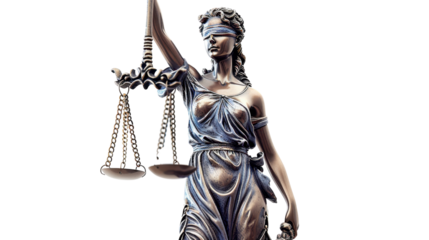 Bronze statue of lady justice holding scales on transparent background