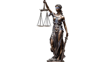 Bronze statue of lady justice holding scales and sword on transparent background