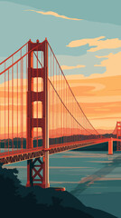 Fototapeta premium Golden Gate Bridge Sunset Illustration in Minimalist Vector Style for Travel Poster