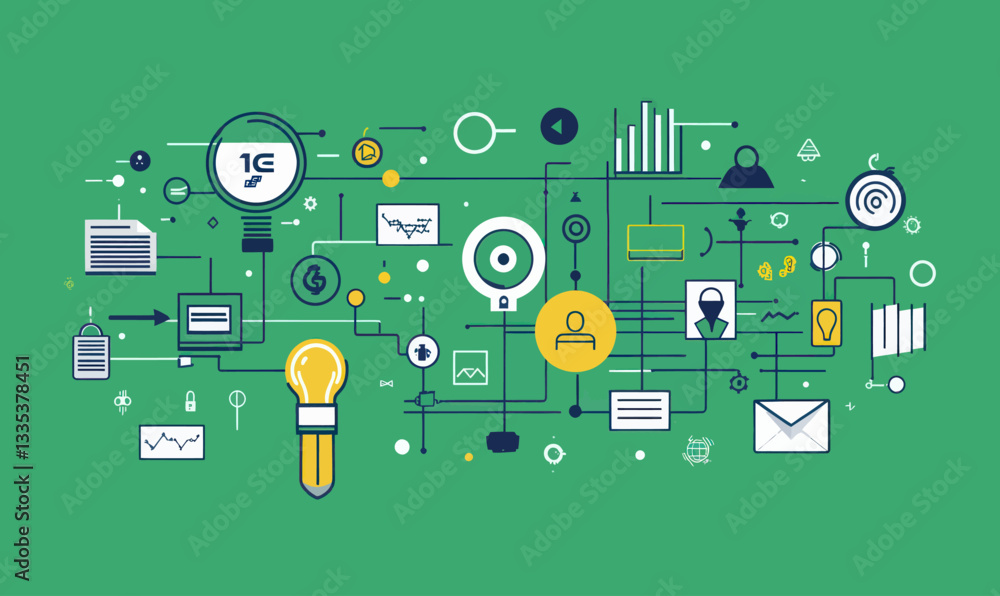 Poster generative ai-powered search experience vector illustration with icons on green background