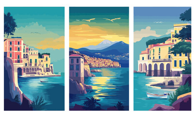 Retro Italy Travel Posters: Naples and Sorrento Seascape for European Summer Vacations