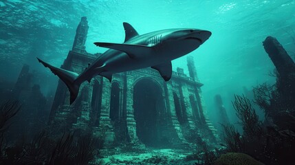 Obraz premium A majestic shark swims gracefully near an ancient underwater structure, surrounded by vibrant marine life in a mesmerizing deep blue ocean.