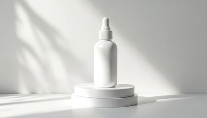 Blank white beauty glass dropper bottle template for label. Cosmetic serum essential oil packaging mockup with soft light to highlight details. Product presentation for advertising and marketing.