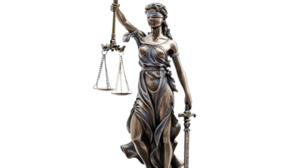 Bronze statue of lady justice holding scales and sword on transparent background