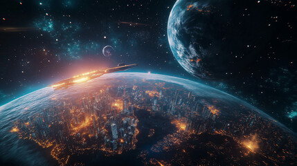 Neon-Lit Earth and Moon in a Futuristic Galaxy