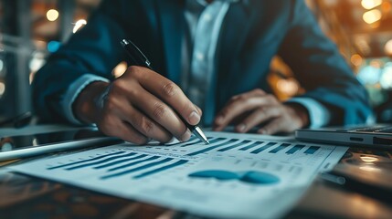 Businessman analyzing company financial balance sheet working with digital virtual graphics Businessman calculating financial data for long term investment growth goals, vertical