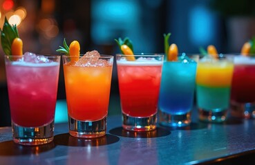 Row of colorful cocktails shots on the bar counter. Glasses with refreshing, cool alcohol beverage. Mixology concept. Nightclub party celebration. Summer drinks served with ice and orange garnish.