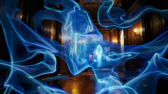 Translucent blue-white ghost materializes within ornate wooden hallway, surrounded by swirling energy patterns and supernatural luminescent waves