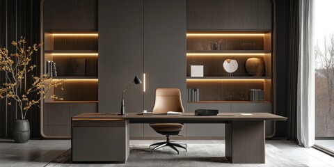 A modern office interior features a desk and built in shelves