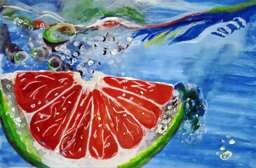Juicy watercolor grapefruit, lemon, lime. Vector watercolor background with juicy fruit