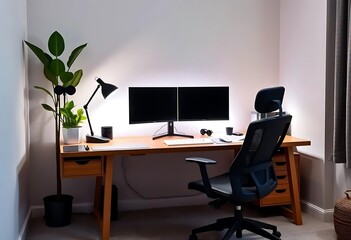 Sleek Minimalist Home Office with Dual Monitors & Warm Wood Accents