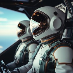 Fototapeta premium Sci-fi intergalactic aircrew wearing sleek space uniforms, piloting a massive starship