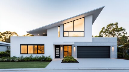 A modern angular white house with a light gray concrete exterior and black window frames, featuring a striking triangular roof that commands attention