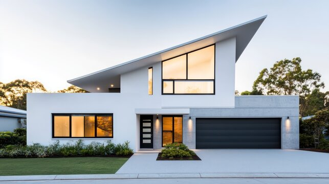 A modern angular white house with a light gray concrete exterior and black window frames, featuring a striking triangular roof that commands attention