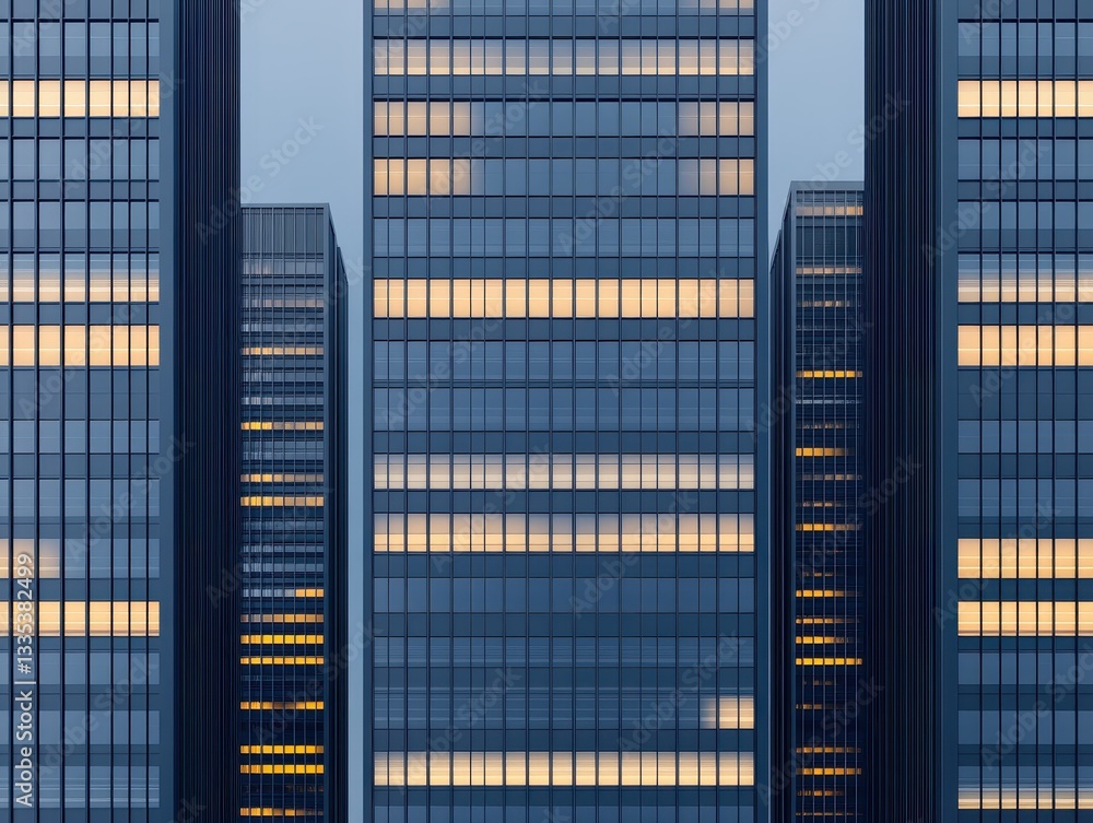 Poster modern skyscrapers with illuminated windows at dusk in an urban setting
