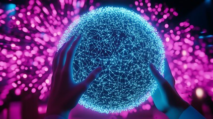 Holding blue sphere amid pink light bursts. Visual Effect