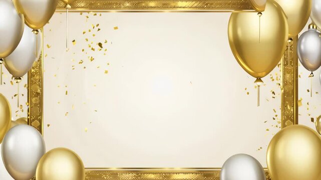 Elegant festive frame with gold and pearl white balloons, scattered confetti on a soft beige background, happy birthday