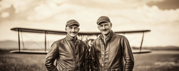 Vintage 1920s aircrew in leather aviator jackets, standing beside an old biplane