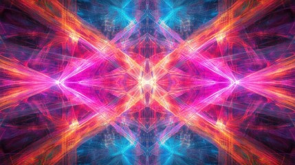 Vibrant Abstract Digital Background with Colorful Light Effects and Symmetrical Patterns in Blue, Pink, and Orange Hues