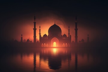 Naklejka premium A beautiful mosque reflects on tranquil water during the evening